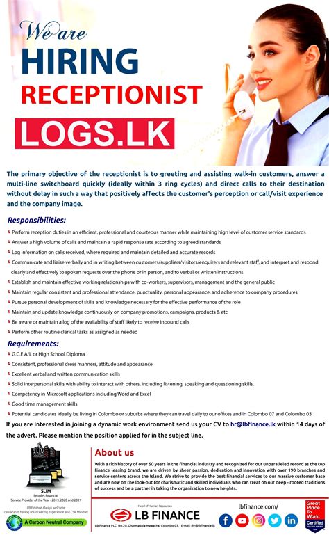 Receptionist Job Vacancy At Lb Finance Company Jobs Application