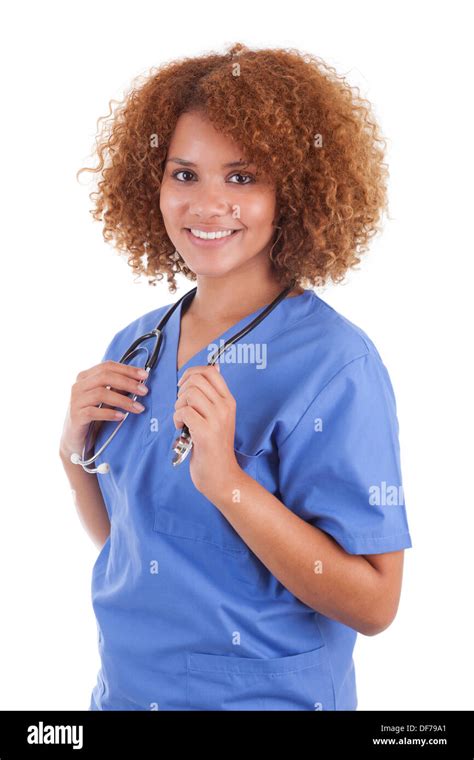 African American Nurse Holding A Stethoscope Isolated On White