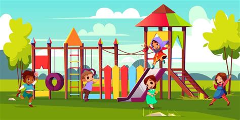 Smiling Kids Playing At The Playground Stock Vector Illustration Of