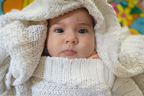 Baby Girl Wrapped In A White Blanket Stock Image Image Of Colorful