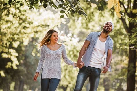 Happy Mixed Race Couple In Walking Stock Photo Image Of Black