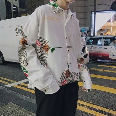 Korean Oversized Shirt Men Fashion Long Sleeve Floral Shirt Hip Hop St Geekbuyig Pakaian