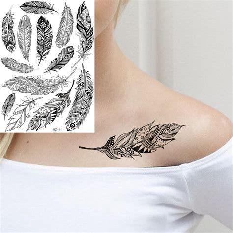 Buy 1pc Black Tribal Feather Leaves Tattoos Women Waterproof Fake Chest Arm Tattoos Temporary