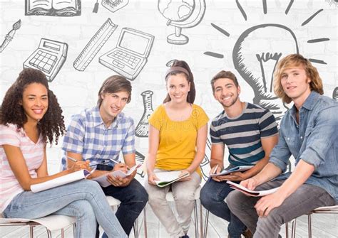 Group Of Students Sitting In Front Of Education Learning Graphics Stock