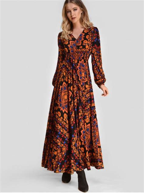 40 Off 2019 Zaful Long Sleeve Floral Maxi Boho Dress In