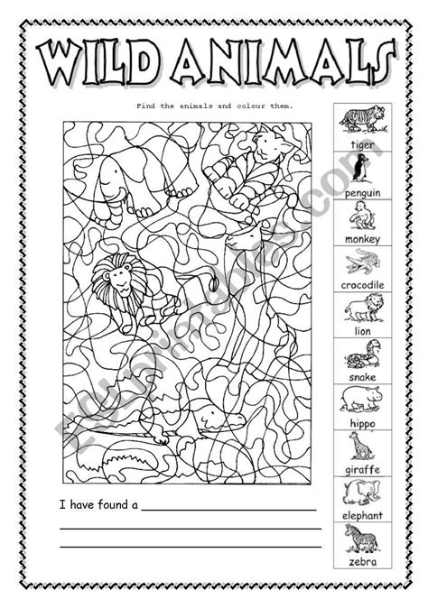 Wild Animals Find The Animals And Colour Them Esl Worksheet By
