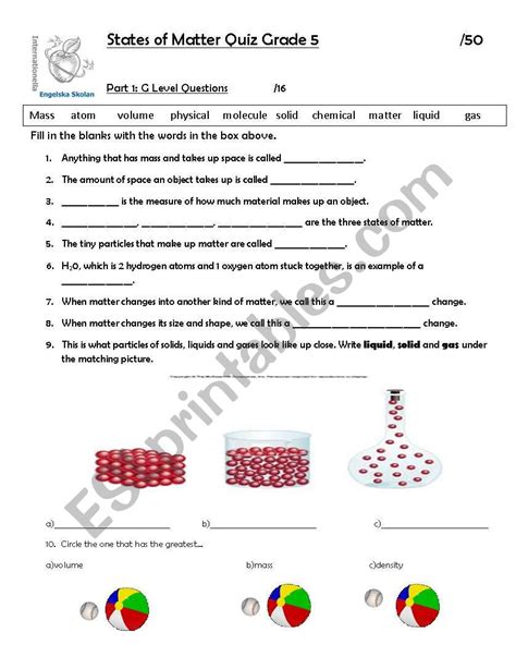 Students will have a chance to test their geography knowledge with this quiz about the 50 states and capitals. States of Matter Test - ESL worksheet by victoriaproulx
