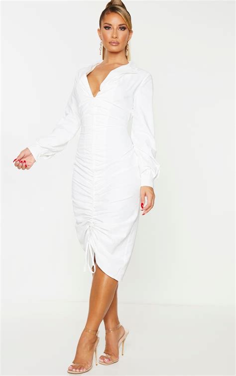 White Long Sleeve Ruched Midi Shirt Dress Prettylittlething Aus