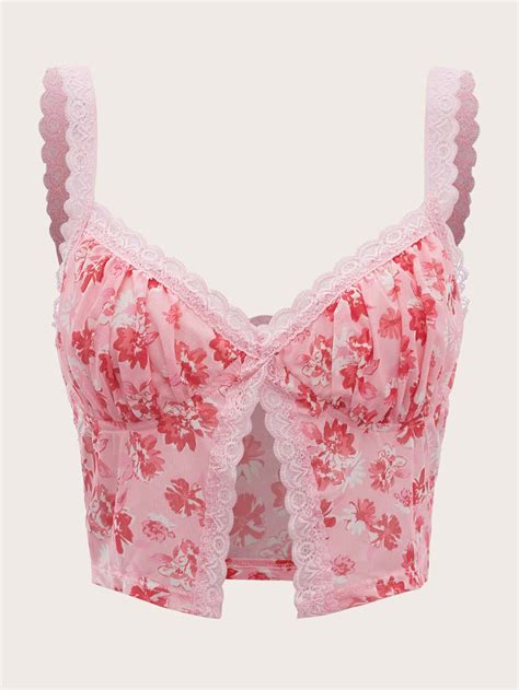 Shein Floral Print Lace Trim Cami Top Body Positive Fashion Lace Trim Cami Top Trendy Plus