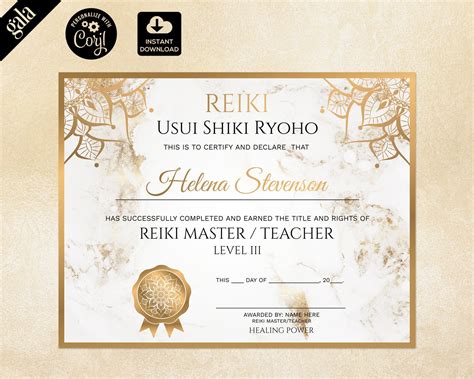 Reiki Certificate Template Reiki Certificate Printable Yoga | Etsy