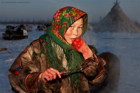 Eurasia Nenets Girl Eating Raw Reindeer Meat Siberia Russia People Of The World Meat Art