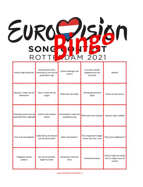 Vanuit rotterdam ahoy de live registratie van de tweede halve finale van het eurovisie songfestival. Eurovisie Songfestival Bingo 2021! | Volmaakt Onvolmaakt