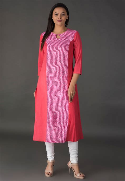 Leheriya Printed Cotton Long Kurta In Pink And Peach Tjw683
