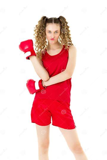 Teen Blonde Girl Fighting In Red Boxing Gloves Stock Photo Image Of