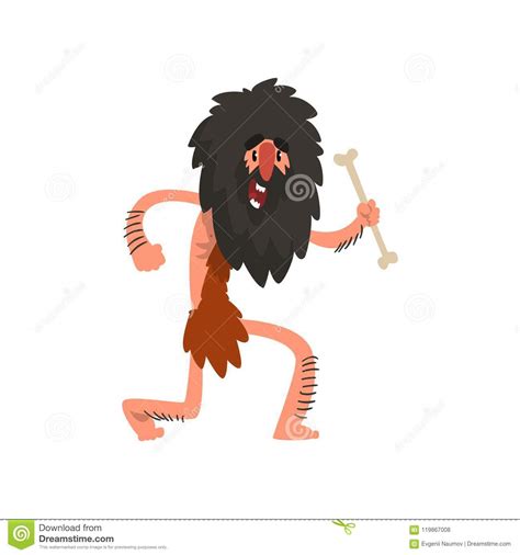Primitive Long Haired Caveman Running With Bone Stone Age Prehistoric