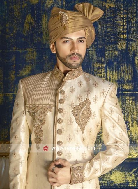 Wedding Golden Color Sherwani With Patch Work Wedding Dresses Men