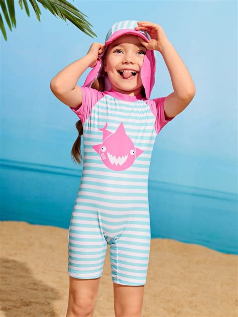 Toddler Girls Striped Shark Print One Piece Swimsuit With Cap Little