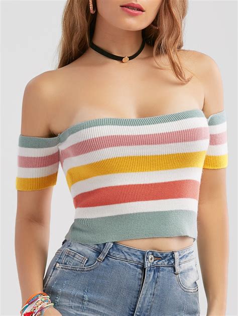 17 Off 2020 Colorful Striped Off The Shoulder Knit Crop Top In Colormix Dresslily