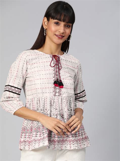 Global Desi Women Off White Printed Top With Tie Up Neck Absolutely Desi