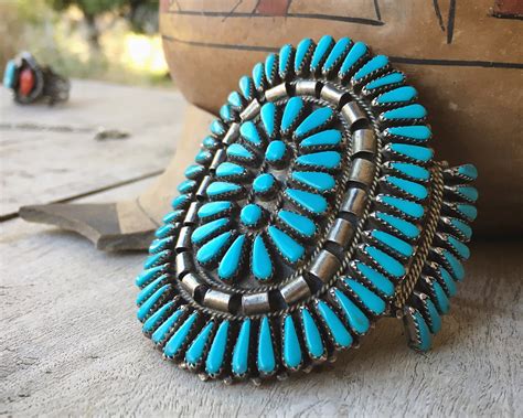 Reserved For E Huge Signed Zuni Turquoise Cluster Cuff Bracelet
