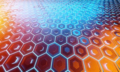 Glowing Blue And Orange Hexagons Background Pattern On Silver Metal