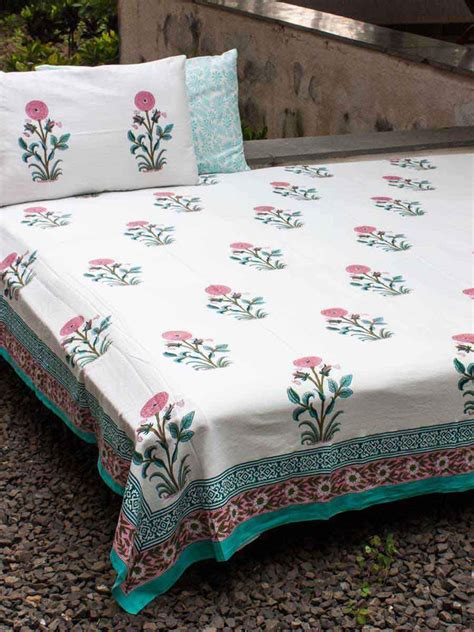 Indian Marigold Block Print Cotton Double Bed Sheet Set With 2 Pillow