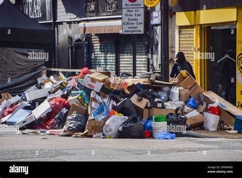 London, UK. 27th September 2023. Huge piles of garbage line the streets