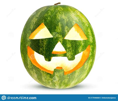 Halloween Carved Watermelon As Pumpkin Jack O Lantern With Burning