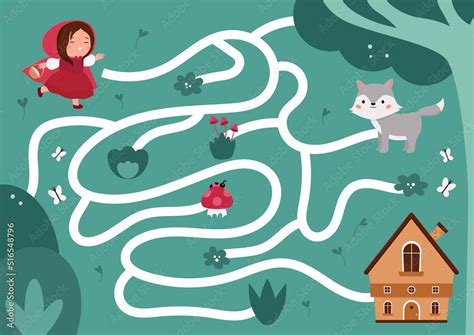 Kids Maze Game With Little Red Riding Hood And Gray Wolf Labyrinth