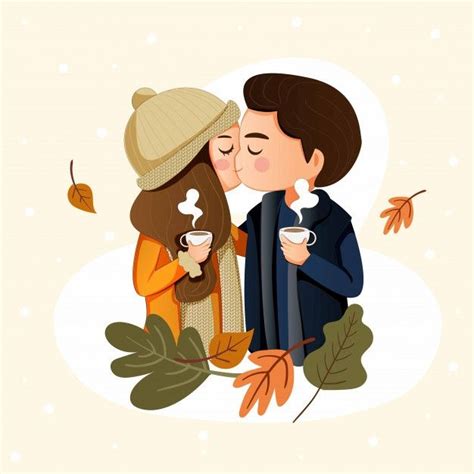 Happy Cute Couple Kissing In Winter Holiday Girls Cartoon Art Cute