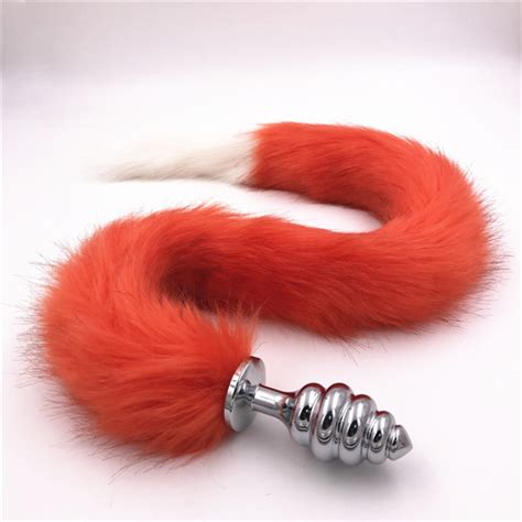 Stainless Steel Anal Plug White And Orange Fox Tail Faux Simulation