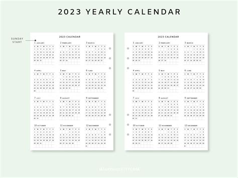 Yearly Calendar 2023 Planner Calendar Printable Inserts Etsy