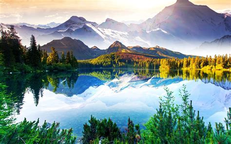 Beautiful Nature Landscape Mountains Trees Lake Sky Clouds Water Reflection Wallpaper