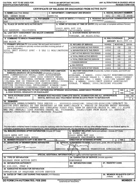 Dd214 Form Fillable Printable Forms Free Online