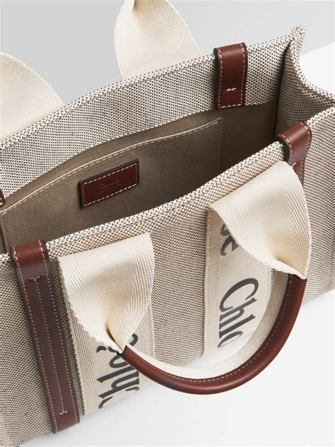 Small Woody Tote Bag In Cotton Canvas And Shiny Calfskin With Woody