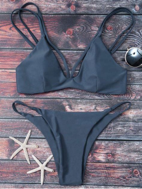 high leg strappy bikini set gray bikinis m zaful