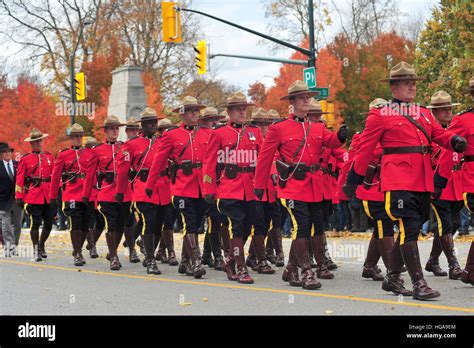 Canadian Mounties Marching After A Remembrance Ceremony In London