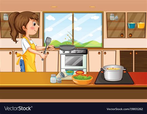 Woman Cooking In Kitchen Royalty Free Vector Image