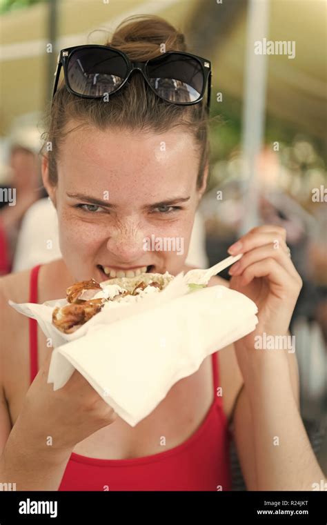 Girl Or Woman Eating Sandwich Gyros Girl With Pleasure Eats Burger