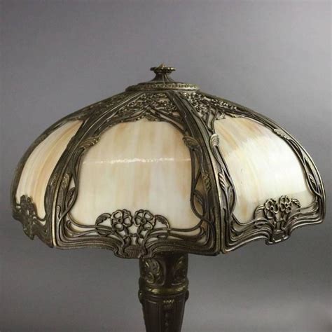 Antique Art Nouveau Foliate Filigree Eight Panel Shade Slag Glass Lamp