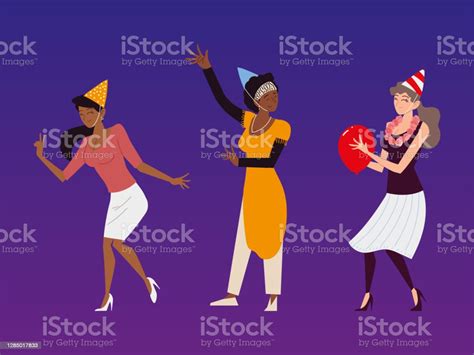 Happy Young Women Celebrating Party Dancing Stock Illustration