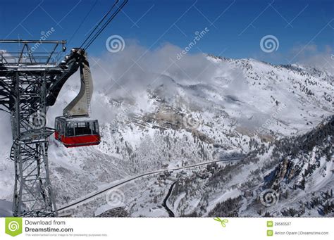 View To The Mountains And Red Ski Tram At Snowbird Ski Resoriew To The