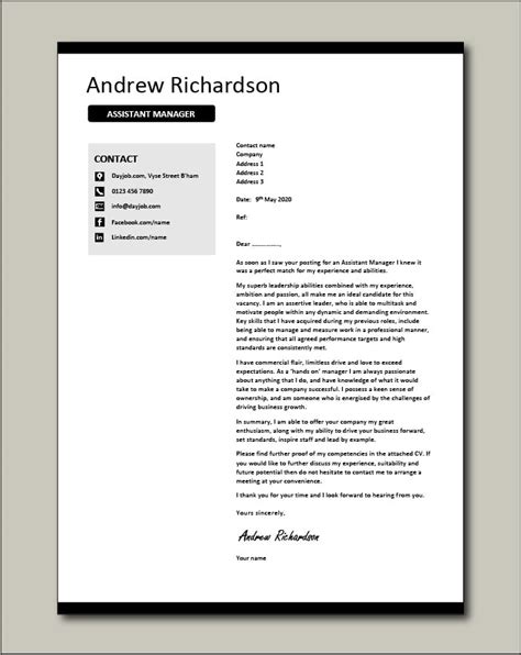 Assistant Manager Cover Letter Example Templates Managerial Team