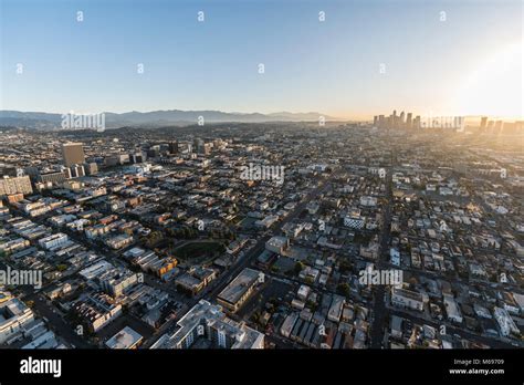 Aerial Morning View Towards Korea Town And Downtown Los Angeles In