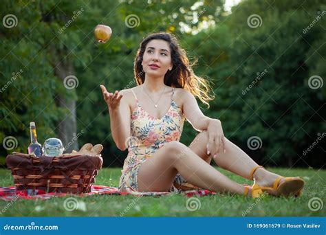 Brunette Woman On Picnic Blanket In The Park Stock Image Image Of Beauty Park