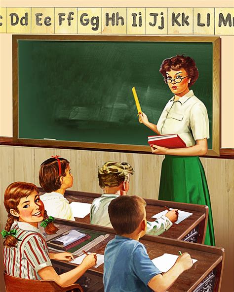 Retro Vintage Elementary School Teacher And Pupils In Classroom Stock