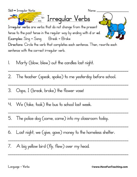 5th Grade Irregular Verbs Worksheet