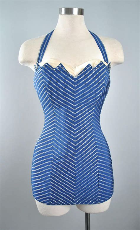 reserved 50s cole of california swimsuit 1950s navy blue silver embroidered chevron stripes