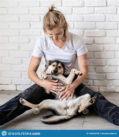 Blond Woman Holding Her Dog At Home Stock Photo Image Of People