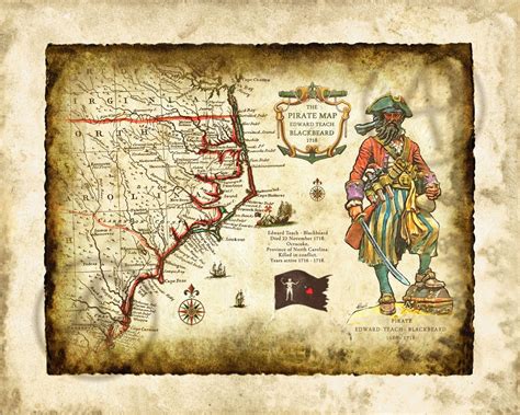 Pirate Blackbeard Map Of North Carolina 1718 Art Decorold Map Etsy